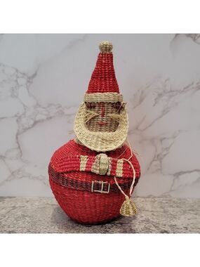 vintage Santa Claus Christmas Basket Primitive Woven Straw Hay Wicker Ornamental
